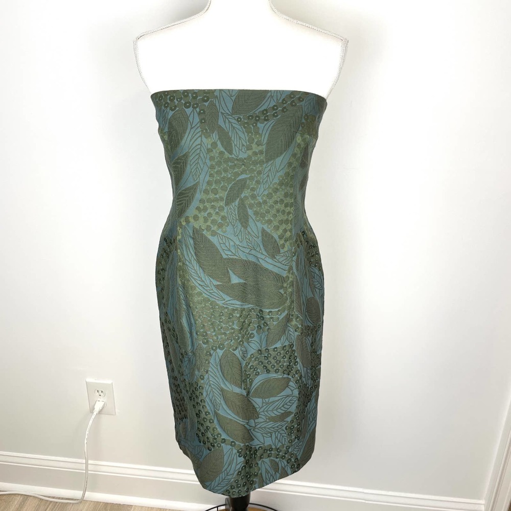 Margon Italy Leaf Patterned Jacquard Strapless Dress In Green Size Small - Picture 2 of 10